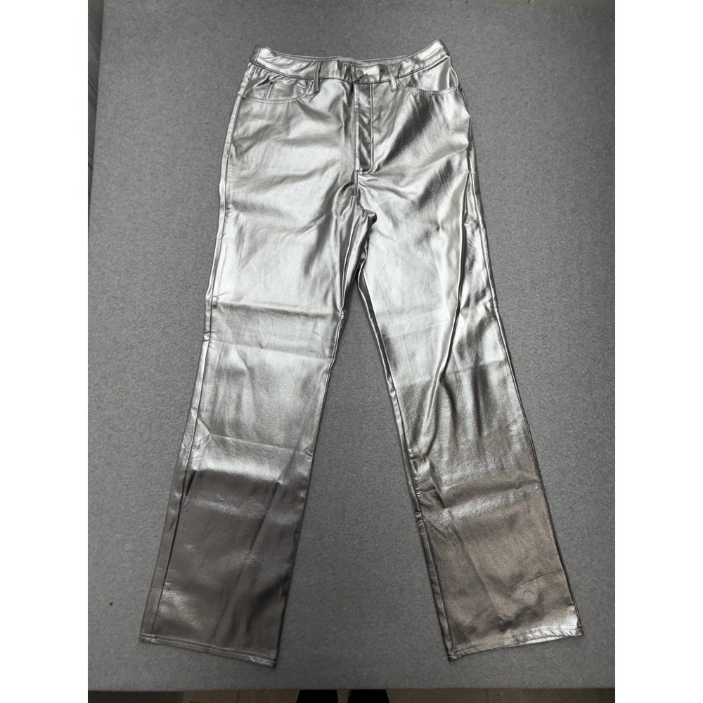 WEWOREWHAT Pants Womens 32‎ Silver Metallic Faux Leather Straight Leg PO859